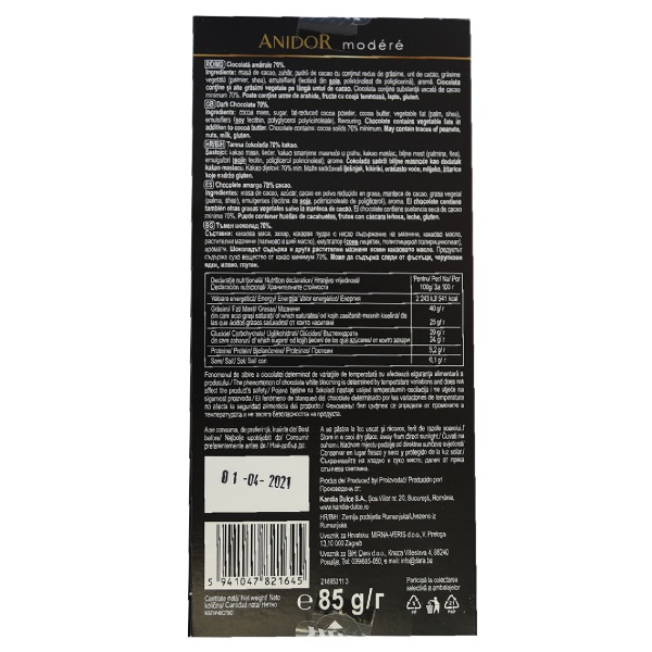 Ciocolată Anidor- 85g- Ciocolată amăruie 70% cacao - imagine 2