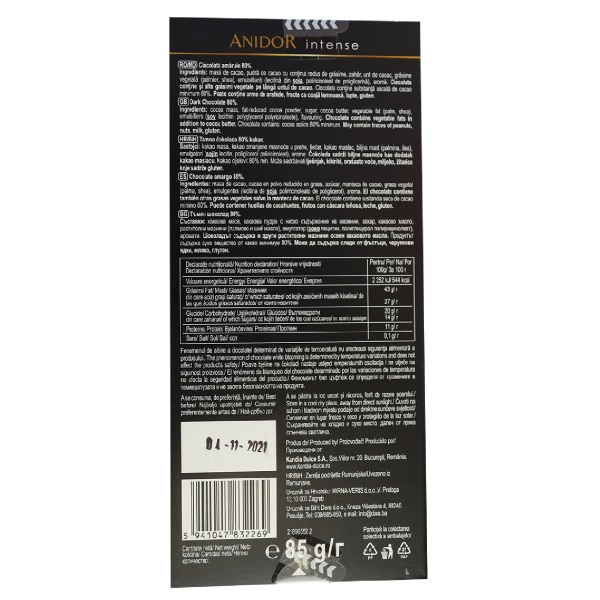 Ciocolată Anidor- 85g- Ciocolată amăruie 80% cacao - imagine 2