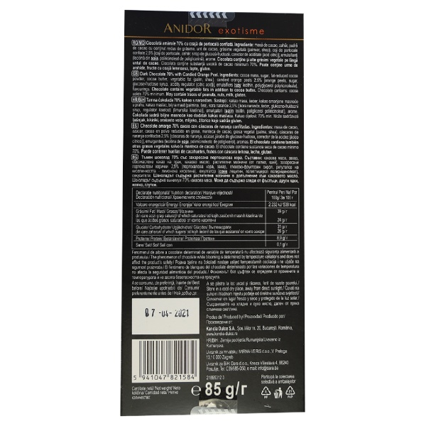 Ciocolată Anidor- 85g- Ciocolată amăruie 70% cacao cu coajă de portocală - imagine 2